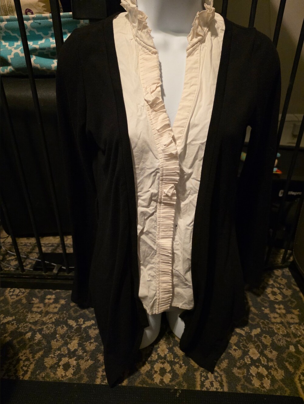 Heart Soul Black Open-Front Cardigan with Cream Ruffle Trim medium